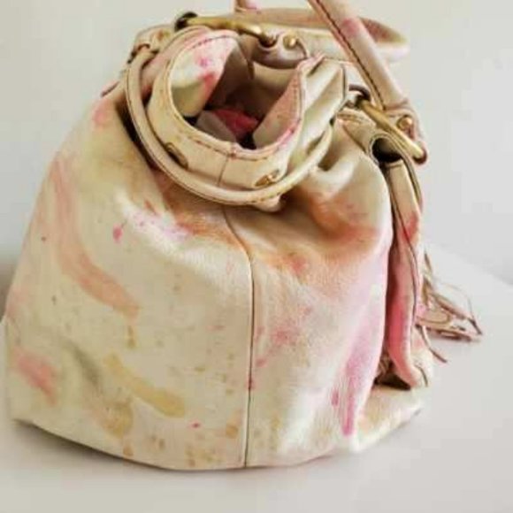 Barneys New York Leather Purse Handbag Orange pink ivory white tie dye tote bag - Picture 5 of 7